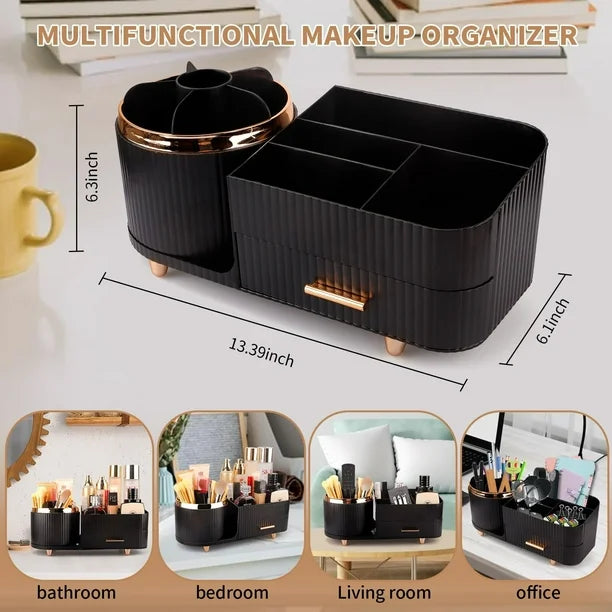 Black 360 Rotating Makeup Organizer for Vanity with Drawers Large