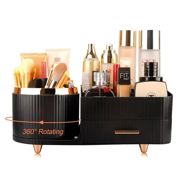 Black 360 Rotating Makeup Organizer for Vanity with Drawers Large