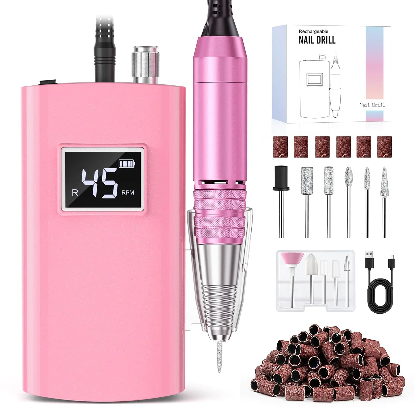 Beloving Portable Nail Drill Professional 45000RPM Rechargeable Nail Drill Electric File Machine for Acrylic Gel Polish Remover Cordless Nail Kit for Manicure Pedicure with 11 Bits for Salon Home