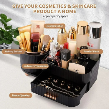 Black 360 Rotating Makeup Organizer for Vanity with Drawers Large