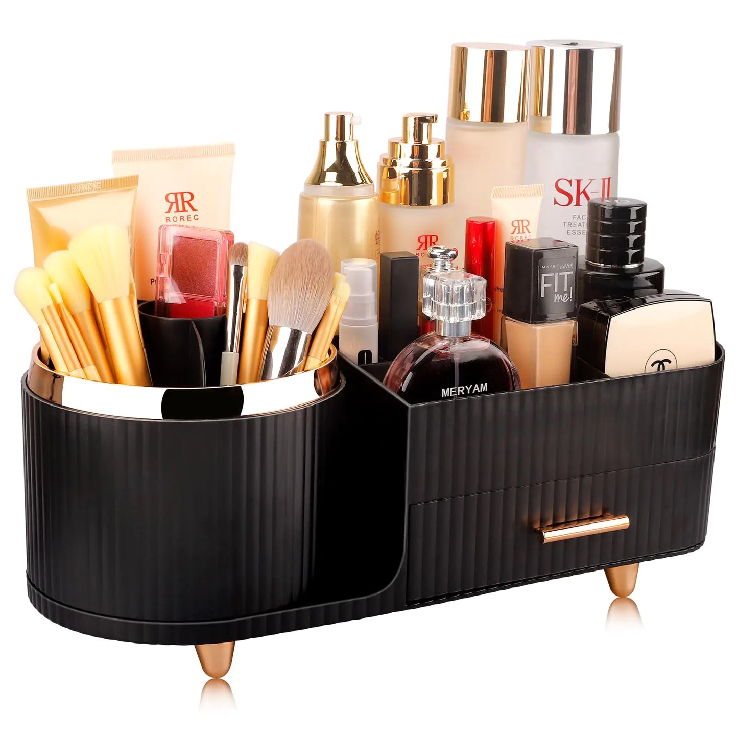 Black 360 Rotating Makeup Organizer for Vanity with Drawers Large