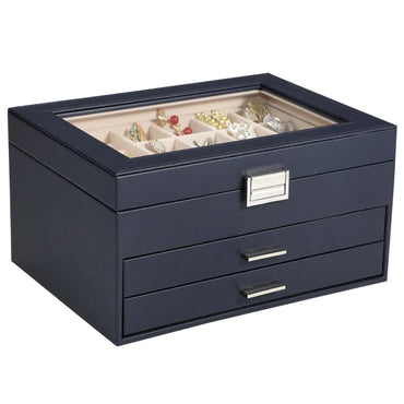 Voova Jewelry Box Organizer for Women Girls 3 Layer PU Leather Jewelry Storage Case with Glass Lid & 2 Drawers Large Jewellery Display Holder for Necklaces Rings Earrings Bracelets Dark Blue