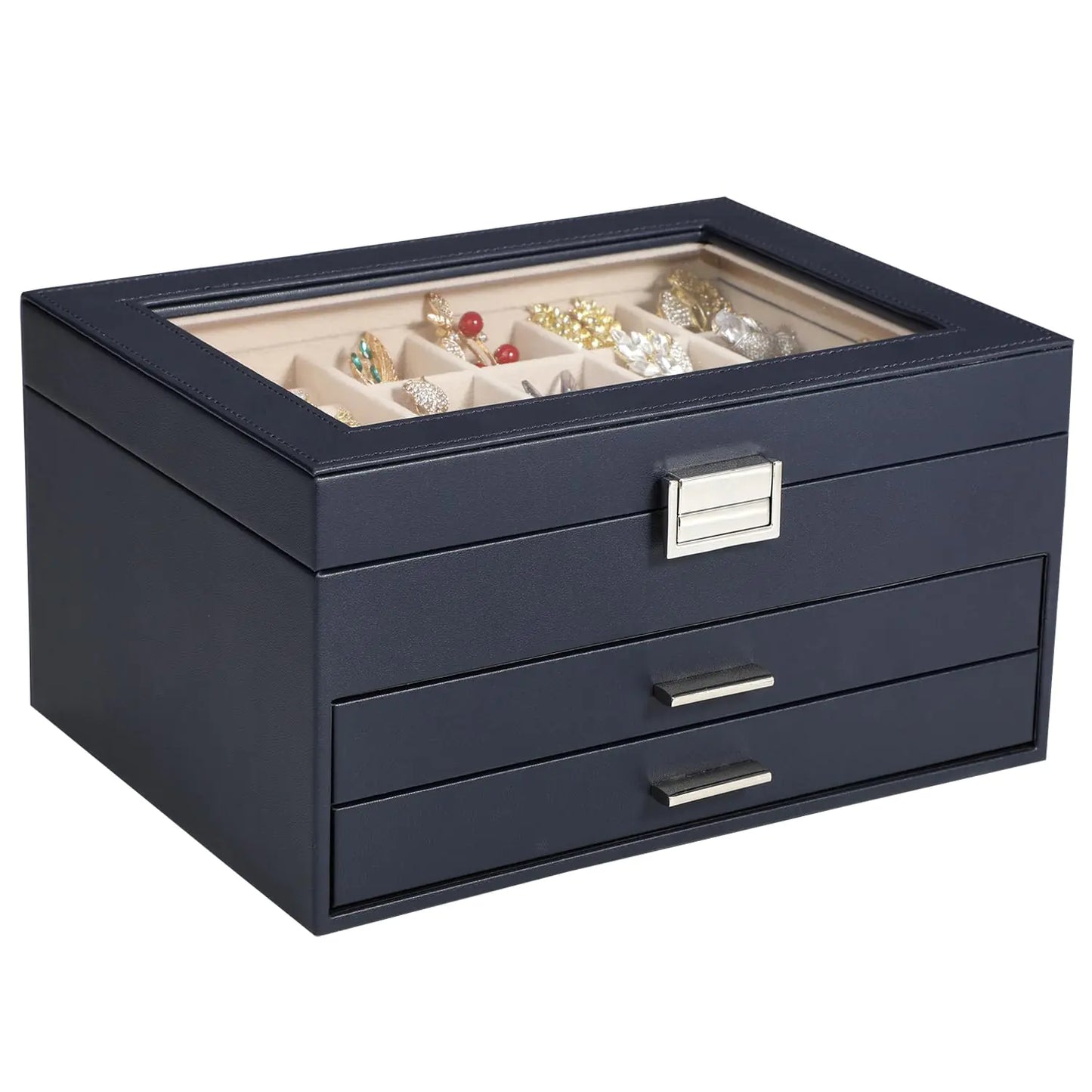 Voova Jewelry Box Organizer for Women Girls 3 Layer PU Leather Jewelry Storage Case with Glass Lid & 2 Drawers Large Jewellery Display Holder for Necklaces Rings Earrings Bracelets Dark Blue